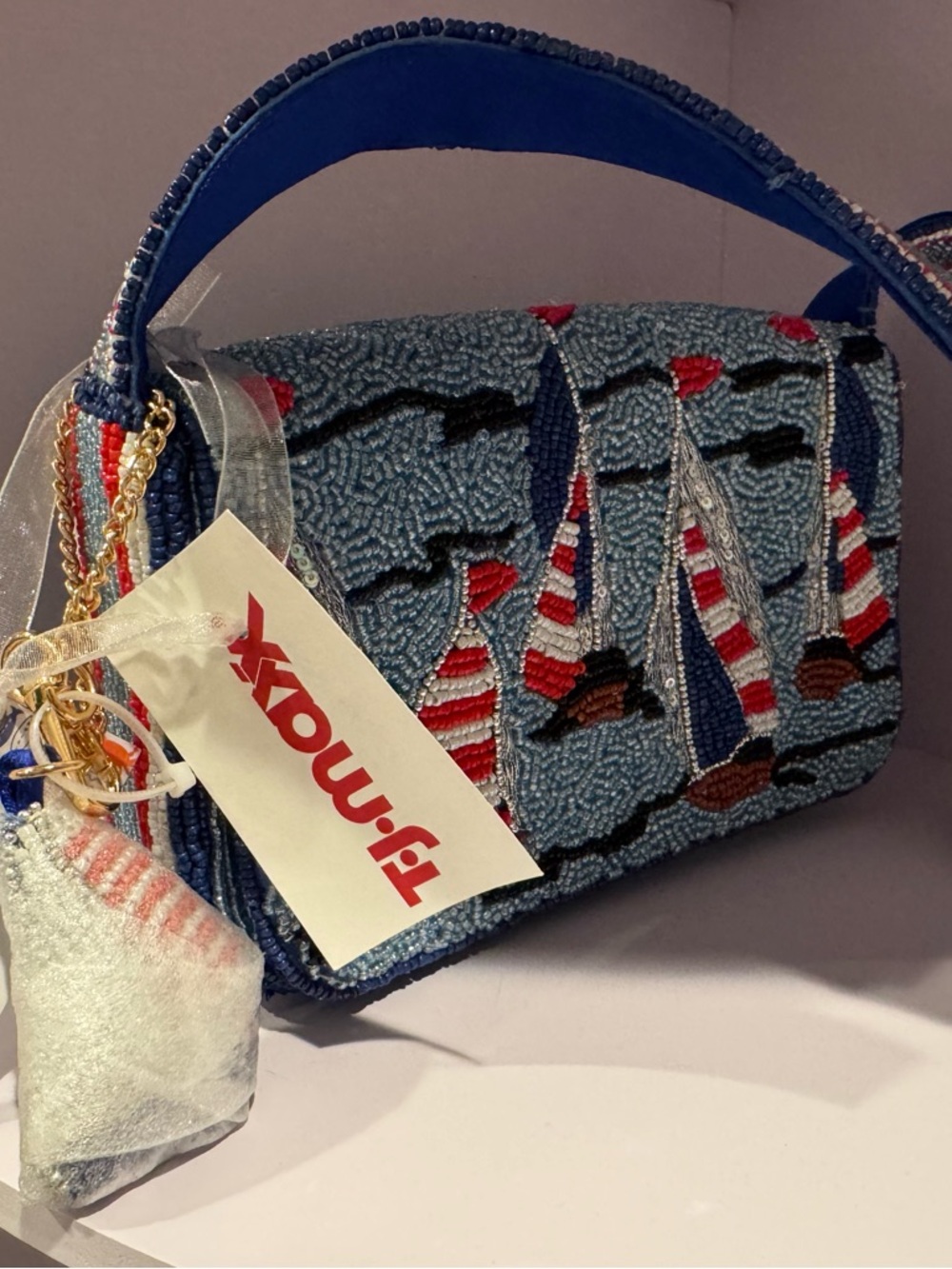 T.J.Maxx Beaded Sailboat Top-Handle Bag - Blue, Red, White